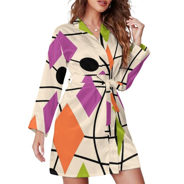 Mid-Century Print Pajama Robe V Neck Abstract Turquoise Retro Sleepwear Lady Long Sleeve Soft Pajamas Robes Spring Room Dresses