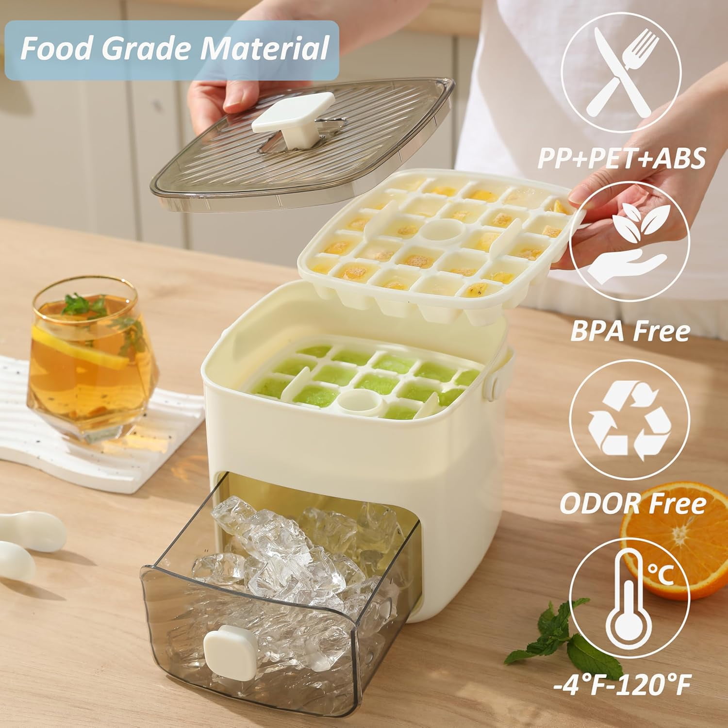 White 48-Grid Portable Ice Maker Bucket with Ice Tray and Storage Bin, Press Release Ice Cube Mold with Ice Tong