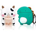 thumbnail image 1 of Paquete de 2 fundas para Airpods 1 y 2, lindas fundas 3D Kawaii de silicona suave con forma de animal, divertidas y geniales caricaturas de Boba Tea, vaca y dinosaurio, funda para Apple Airpod con, 1 of 5