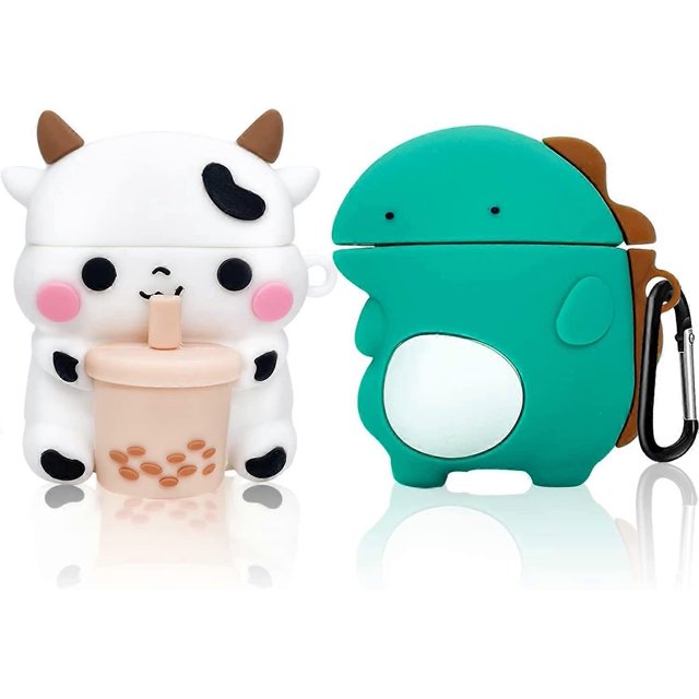 Paquete de 2 fundas para Airpods 1 y 2, lindas fundas 3D Kawaii de silicona suave con forma de animal, divertidas y geniales caricaturas de Boba Tea, vaca y dinosaurio, funda para Apple Airpod con