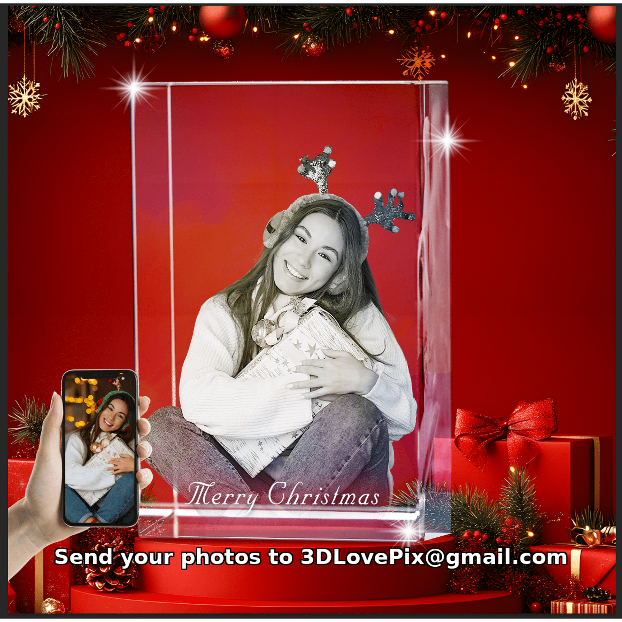 Personalized Custom 3D Holographic Photo Etched Engraved Inside The Crystal with Your Own Picture (Birthday, Wedding Gift, Memorial, Mother's Day, Valentine's, Christmas)