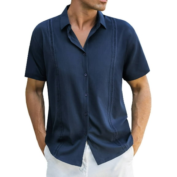 Coshow Men's Short Sleeve Shirt Casual Button Down Cuban Guayabera Summer Refreshing Beach Shirt