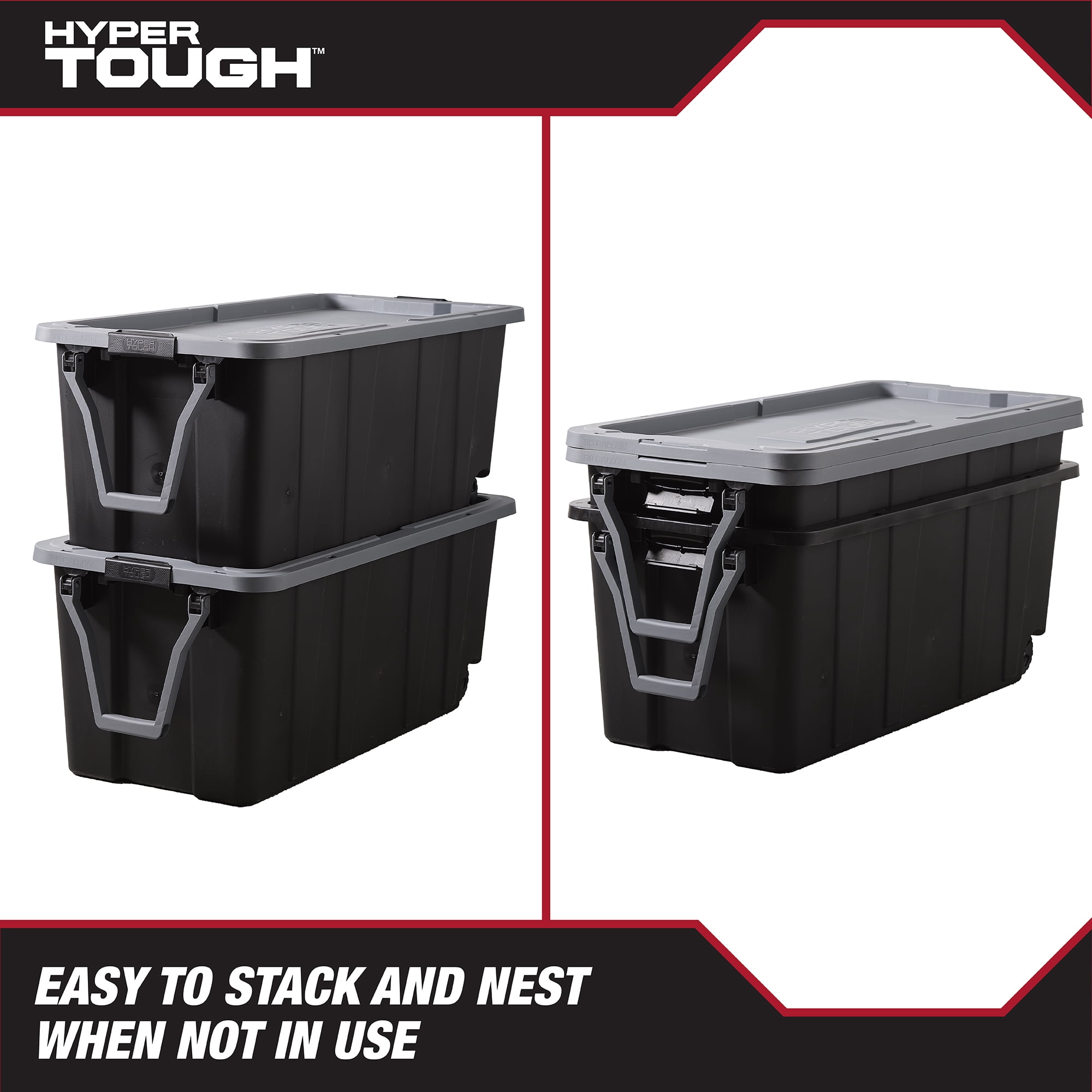 (Pack of 2) Hyper Tough 50 Gallon Extra Large Wheeled Storage Bin with Latch Lid and Handle, Black and Gray, Heavy Duty Plastic Storage Container Black and Gray