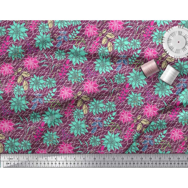 Soimoi Polyester Crepe Fabric Leaves & Peony Floral Print Fabric by Yard 52 Inch Wide