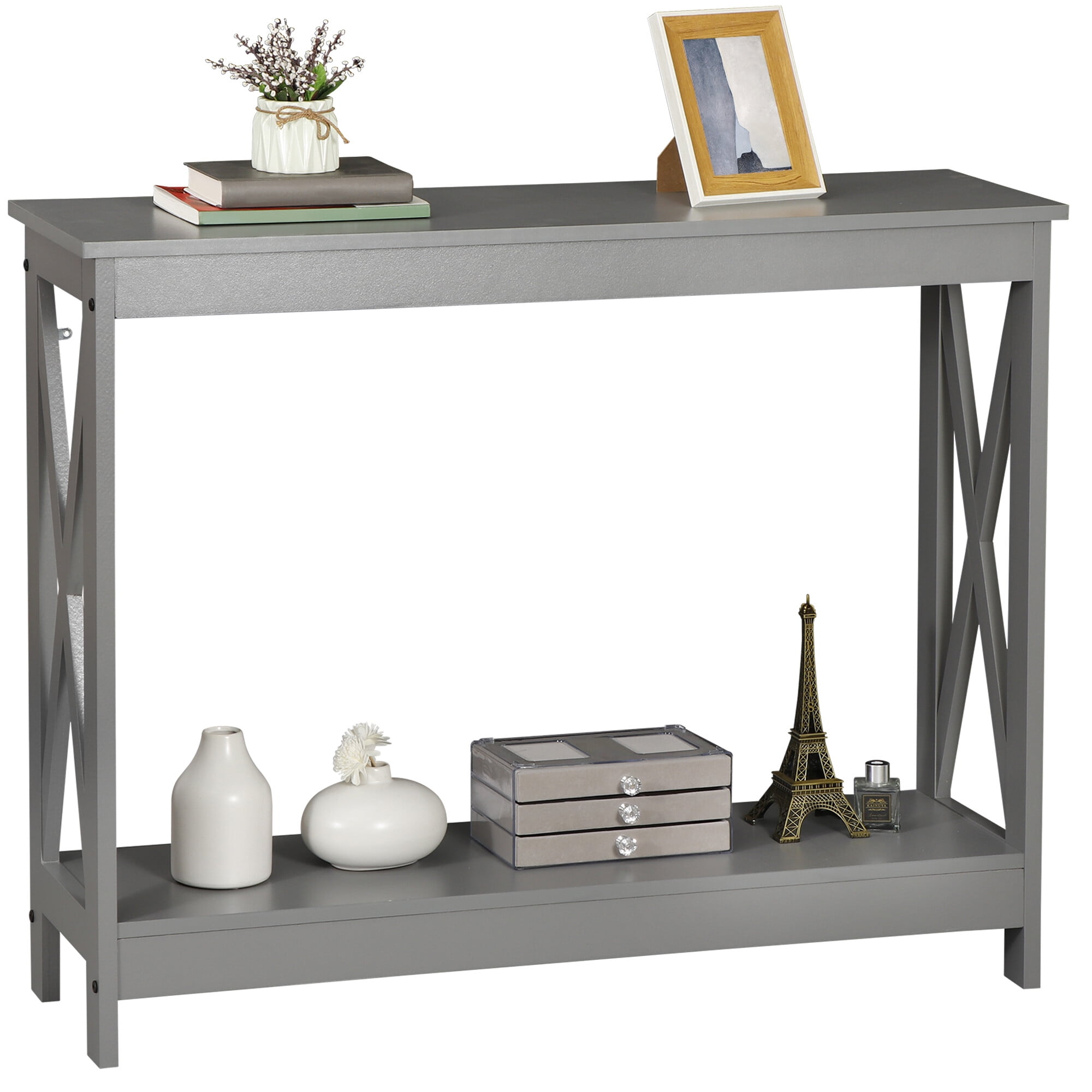 SuperDeal Gray Console Table 2-Tier MDF Entryway Table X-Design Storage Display Shelf Indoor