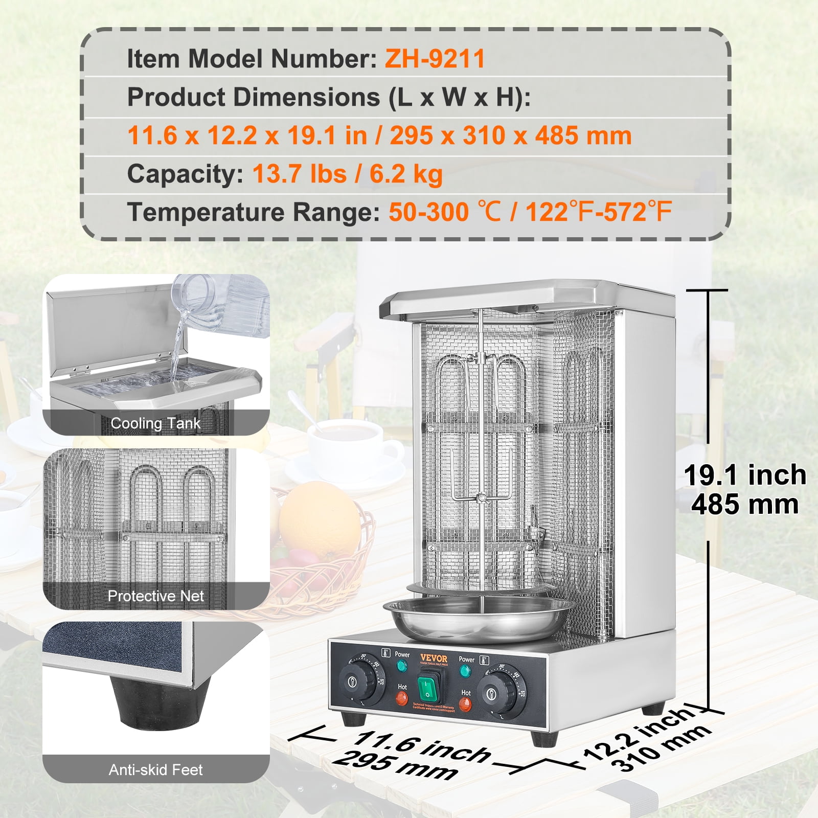 VEVOR Shawarma Grill Machine, 13lbs Capacity, Chicken Cooker Machine with 2 Burners, 122℉-572℉ Electric Vertical Broiler for Home/Commercial