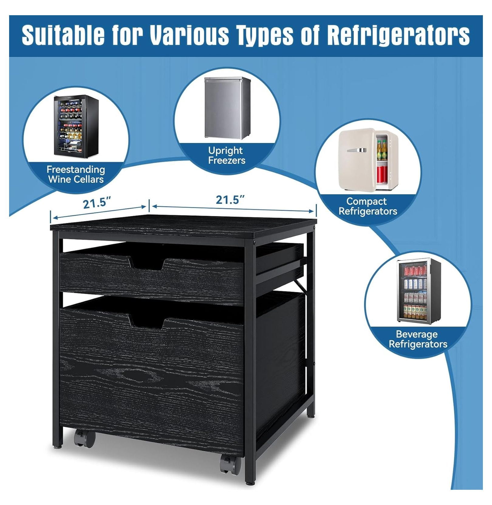 Mini Fridge Stand with Storage Drawer, 21.5" L x 21.5" W Refrigerator Stand with Lockable Wheel, Beverage Compact Refrigerator Stand Storage Cabinet,300 lb Load Capacity, Fridge Table