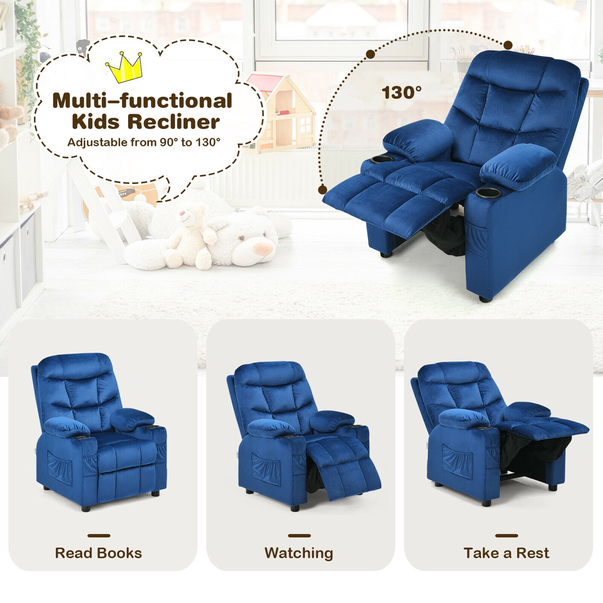 Gymax Kids Youth Recliner Chair Velvet Fabric w/Cup Holder & Side Pocket Blue