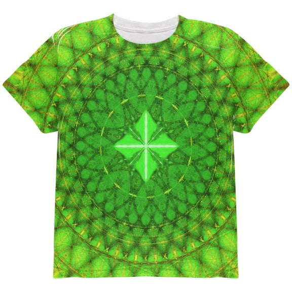 St Patrick's Day Shamrock Fractal Mandala All Over Youth T Shirt Multi YLG