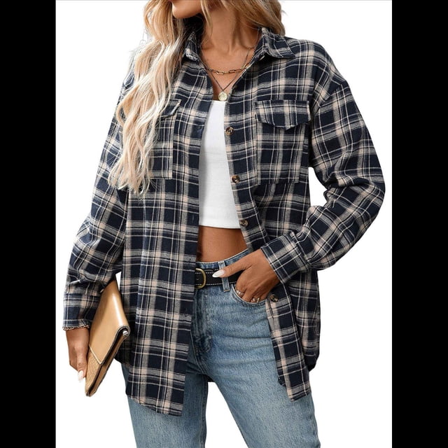 Camisa Abotonada para Mujer, Camisa A Cuadros, Larga, Solapa, Informal, para Negocios, Trabajo Azul Oscuro M
