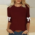 thumbnail image 2 of Lenpel Women's 3/4 Sleeve Tops Plus Size Crew Neck Soft Casual T Shirts Trendy Basic Tees Loose Tunic Blouses with Bowknots(Wine,X-Large), 2 of 5