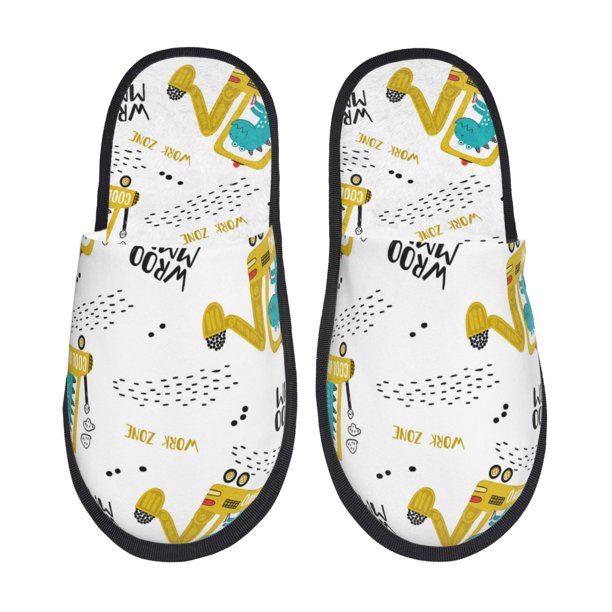 Fotbe Dinosaur on Excavator Pantuflas Peludas para Mujer con Estampado, Zapatillas de Peluche, Zapatos de Invierno para Casa, Uso Interior y Exterior-Large