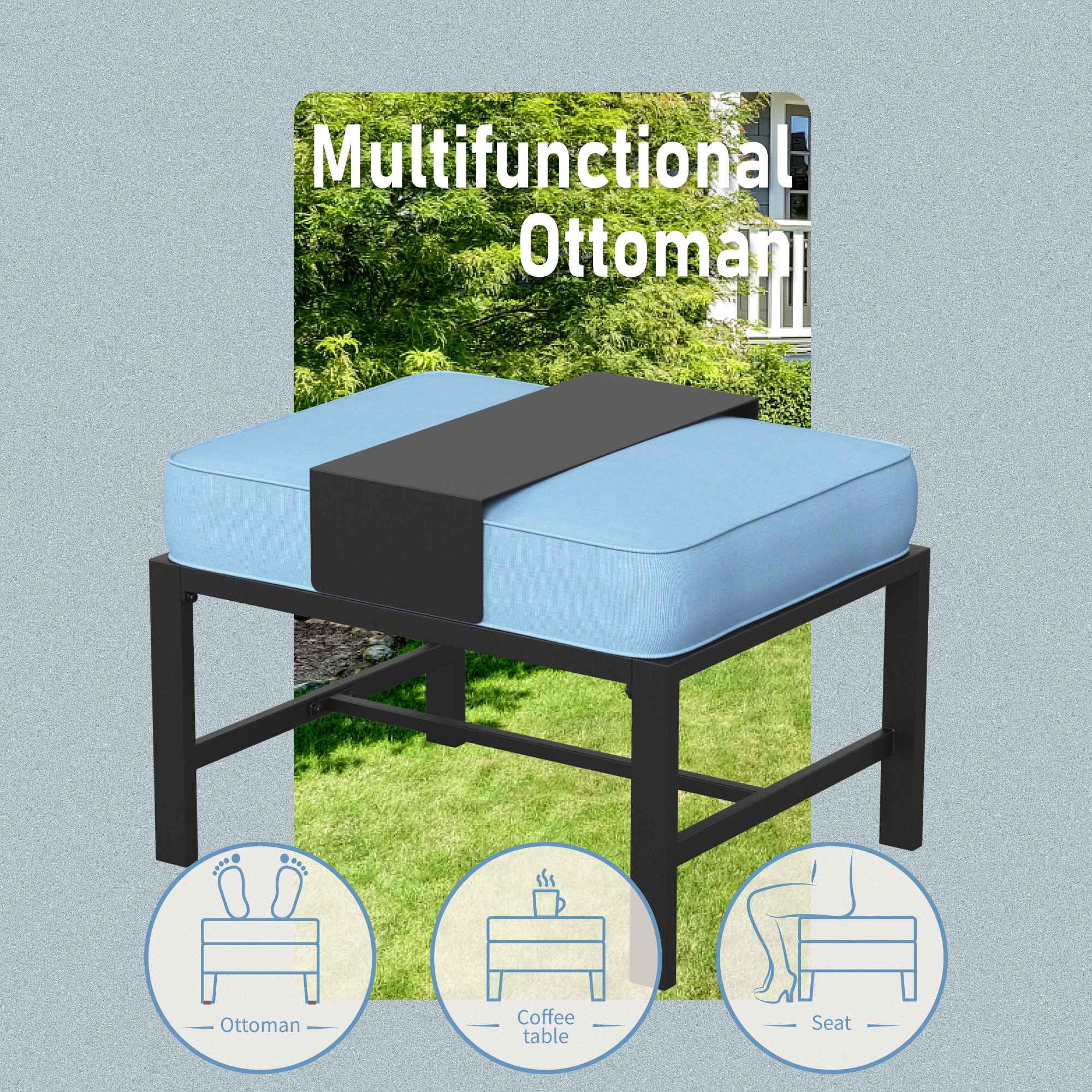 MF Studio 7-Seater Patio Conversation Set Metal Outdoor Furniture Set with Swivel Chairs and Ottomans - Blue