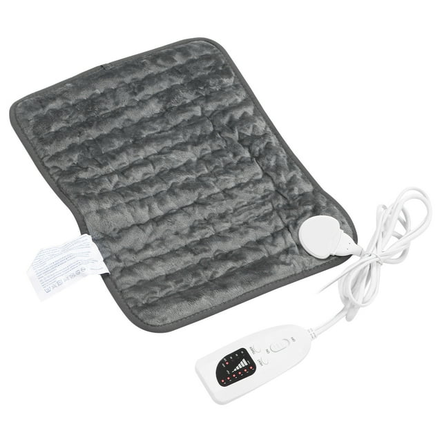 manta calefactora eléctrica, ajuste de temperatura de 6 engranajes, almohadilla calefactora eléctrica, almohadilla calefactora muy recomendada — Almohadilla térmica rectangular de felpa gris (aprox. 40 x 30 cm) con acolchado en canal y borde cosido; cable blanco y controlador de mano con indicador de 6 niveles de temperatura y temporizador ajustable 30–120 min; diseñada para aplicar calor y ayudar con la tensión muscular y la circulación, opción frecuente para regalo.