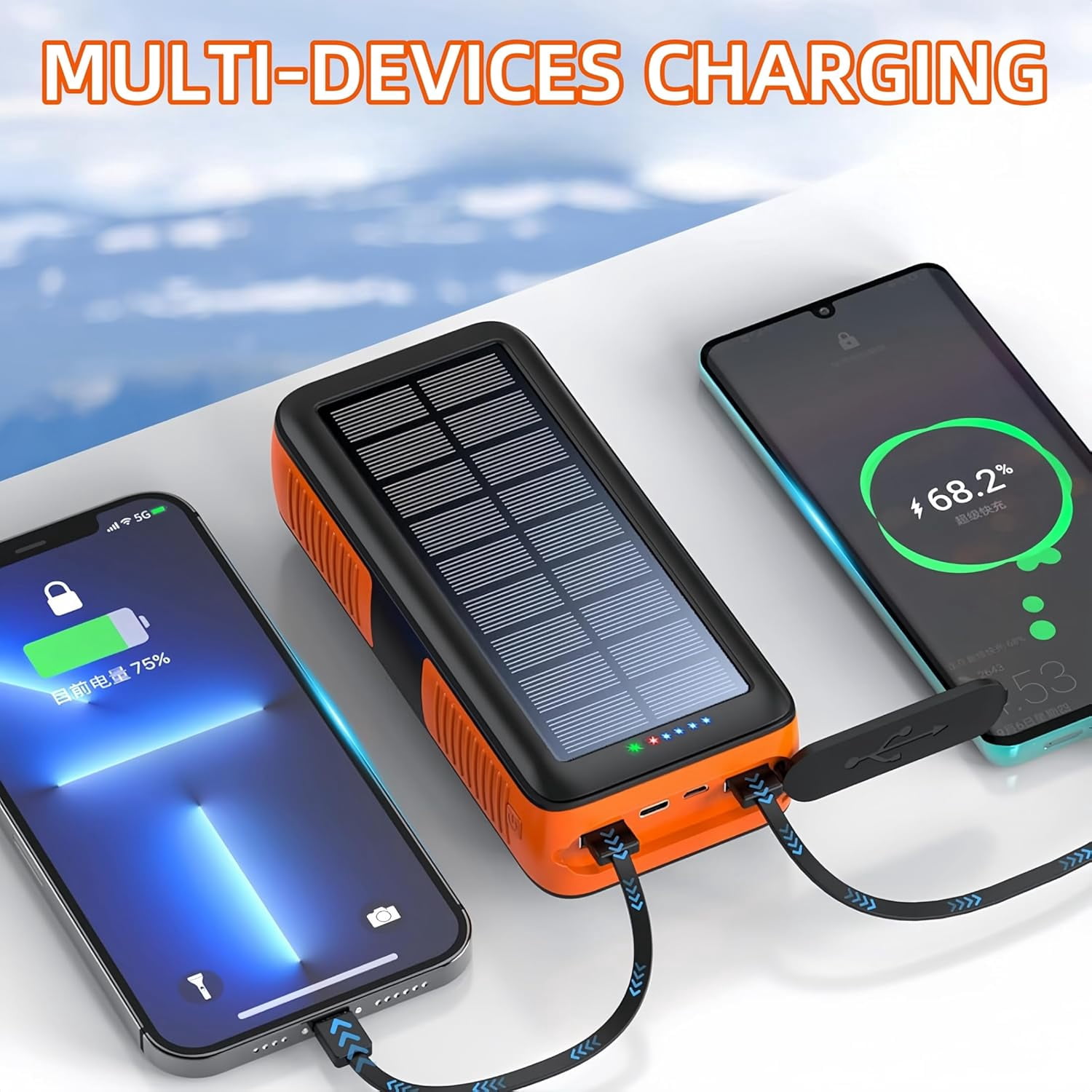 Solar Power Bank with Panel, 63200mAh Camping Power Bank, Hand Crank Charger Dual Outputs Inputs 4 LED Flashlight, Waterproof Outdoor Solar Charging Battery Pack for Hiking Emergency