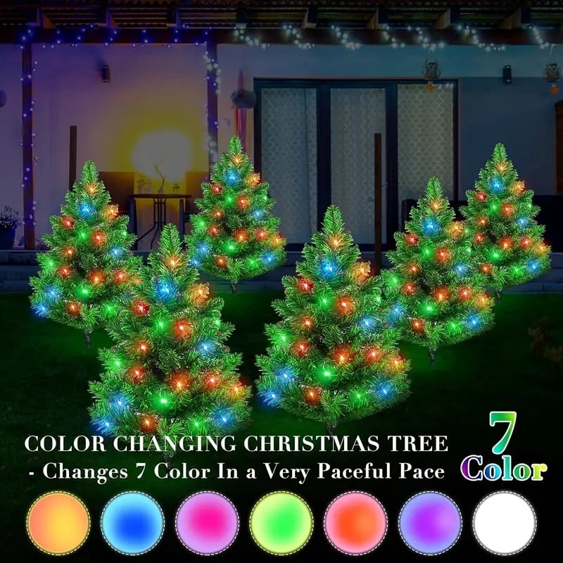 2-Pack Solar-Powered LED Artificial Christmas Trees, 120 LED Color Changing Mini Outdoor Holiday Decorations, Plastic Freestanding Festive Decor with Automatic Aaytime Charging for Pathway, Porch