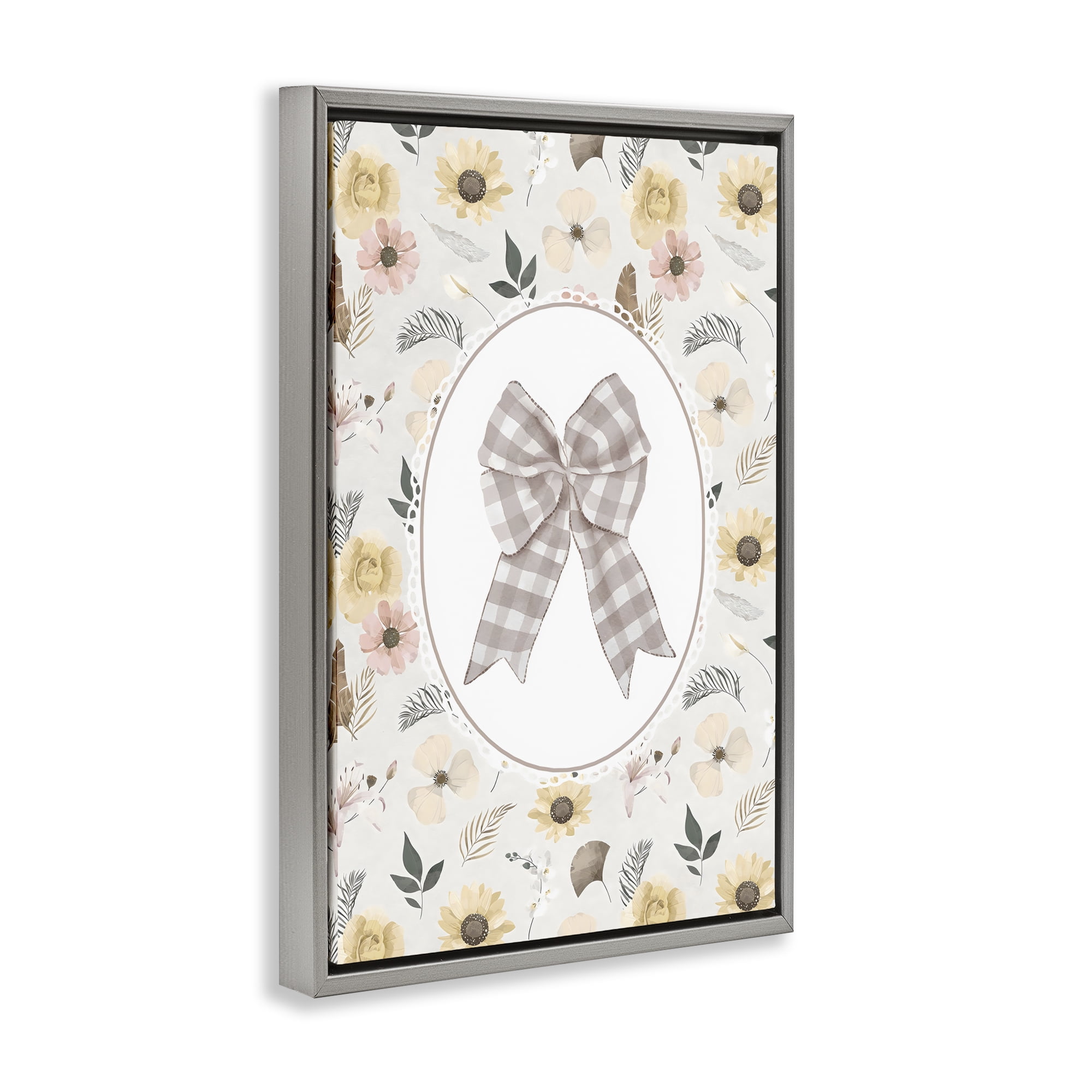 Stupell Industries Sunnyside Bow in Gingham Gray Framed Floater Canvas Wall Art, design by Ink Drop Loft