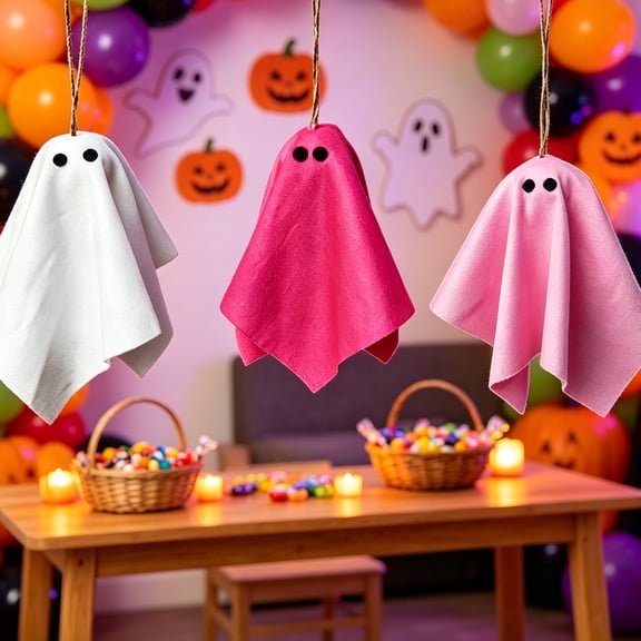 Clearance Under $3 Set of 3 Flocked Ghost Hanging Ornaments – Soft Pink and White Halloween Pendents for Door Wall Window Decor, 1 Set