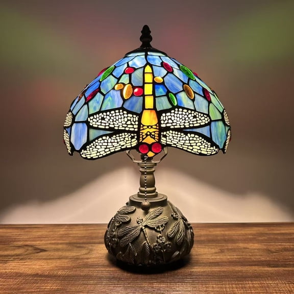 Tiffany Mini Table Lamp Blue Stained Glass Dragonfly LED Bulb Included Dragonfly Base for Living Room Bedroom Bedside 10'W*14"H