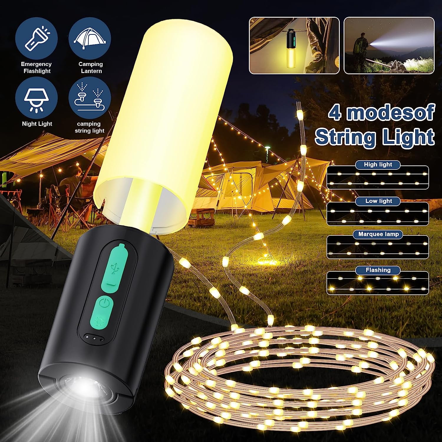Skelo Chaîne Lumineuse De Camping Enrouleur De 10 M, RGB Chaîne Lumineuse Nuage Alpin Lumière De Camping 2 En 1, IPX4 1800 MAh 30 S Roll UP Chaîne Lumineuse à LED Portable