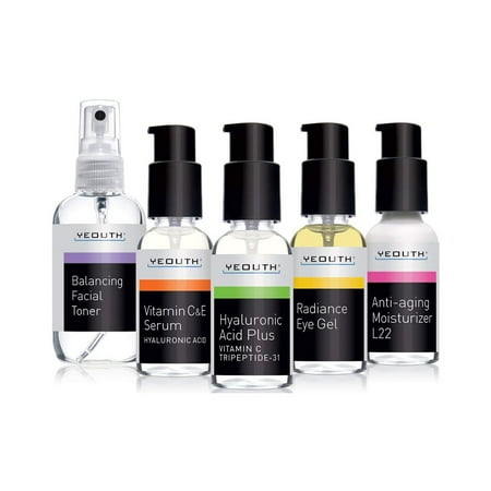 YEOUTH Best Complete Anti Aging Skin Care System, YEOUTH 5 Pack - Balancing Toner for Face - Vitamin C Serum - Hyaluronic Acid Serum - Eye Gel Cream - L22 Face Moisturizer 100