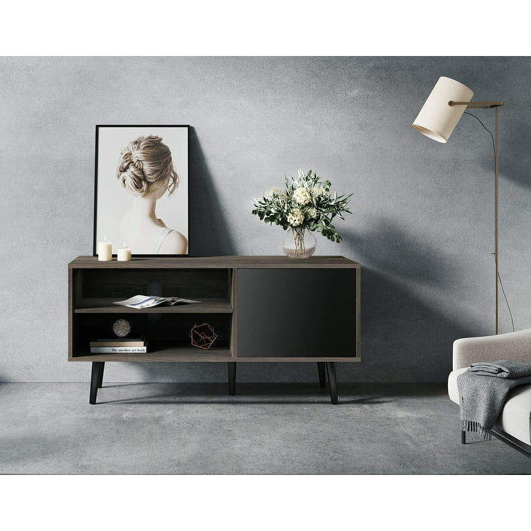 Wampat Mid-Century Modern TV Stand for 43" Flat Screen, Retro Entertainment Center for Living Room, Wood Media Console with Storage, Black