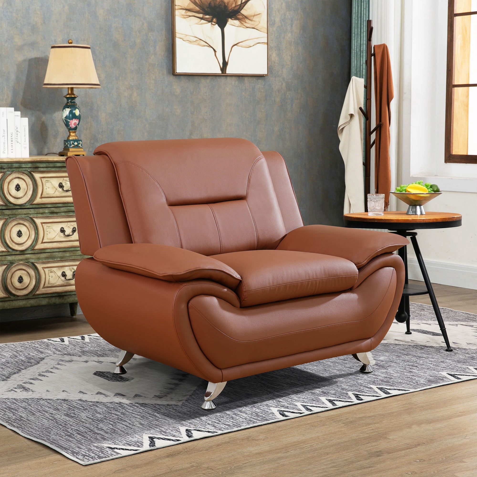 Gewnee Single Sofa, 46" Sofa Chair,Breathable Faux Leather Upholstery, Solid Wood Frame Living Room Lounge Accent Chair ，Bright Bronze