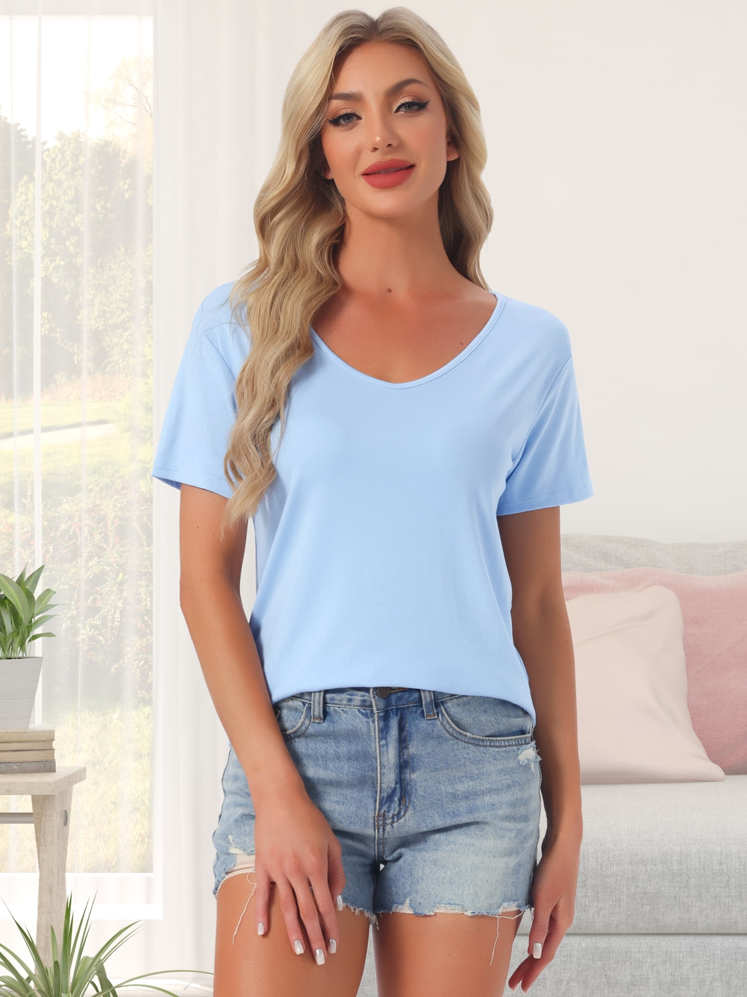 DARING DIVA Women's Short Sleeve V Neck Casual Tee XL Blue