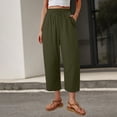 thumbnail image 2 of VBVC Women's Cotton Linen Drawstring Cropped Pants , Wide Leg Capri Pants For Women , Ladies' Lightweight Elastic Waist Trousers with Pockets,Army Green,S-2XL, 2 of 7