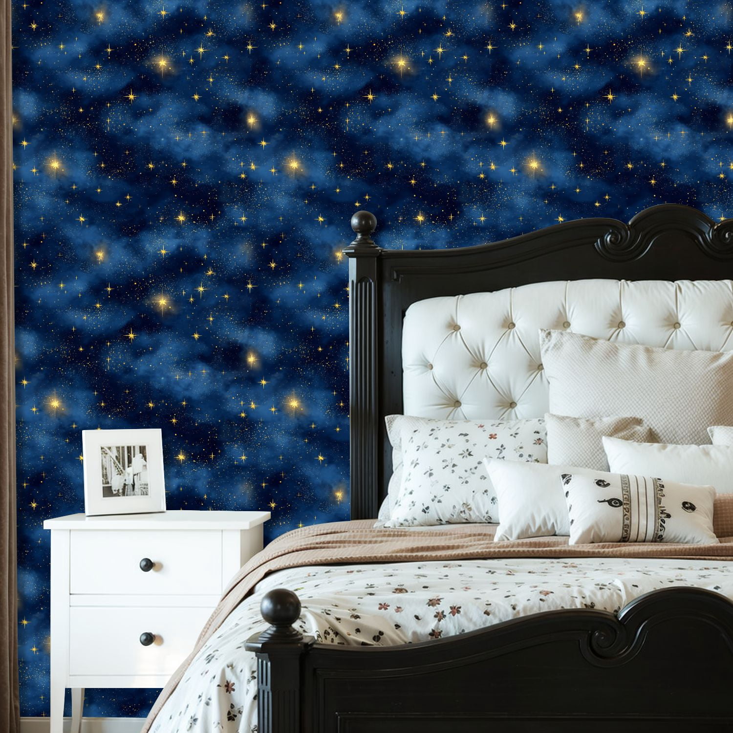 Peel and Stick Wallpaper Starry Night Sky Glowing Golden Stars Blue Nebula Clouds Wall Mural 23.6in x 9.8ft Self Adhesive Removable Wall Paper Renter Friendly Wallpaper for Nursery Bedroom