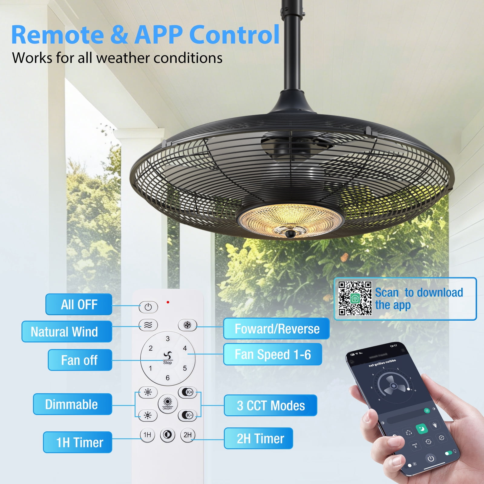20" Outdoor Ceiling Fan with Light, IP65 Waterproof, Plug-In with Hook, Remote & App Control, 6 Speeds, 3CCT Dimmable, Caged Hanging Fan