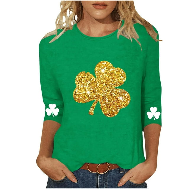 vdgthytj T-Shirts pour Femmes de la Saint-Patrick à Manches 3/4, Grande Taille, Col Ras du Cou, Trèfle, T-Shirt Graphique pour les Fêtes