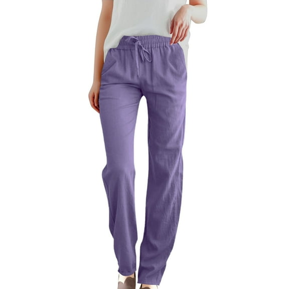 MIXUE Linen Pants Women Summer Solid Color High Waist Elastic Drawstring Lightweight Loose Fit Casual Pockets Straight Leg Sweatpants Outwear,Purple,S