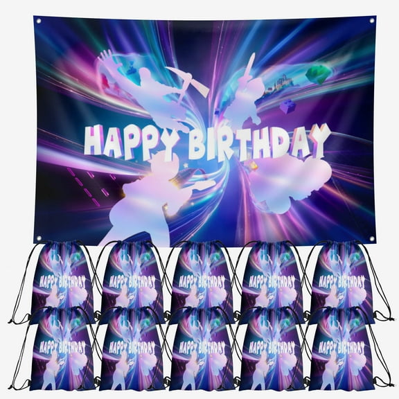 OdeJous Happy Birthday Party Supplies,10 Pieces Cartoon Candy Drawstring Bag Include Backdrop 7x5FT, Drawstring Goodie Favor Bags for Birthday Party Decorations(10.6 x 13.3 Inch)