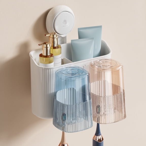 TAILI Suction Shower Organizer with Hooks, Self-Draining Holder for Razor & Toothbrush, White