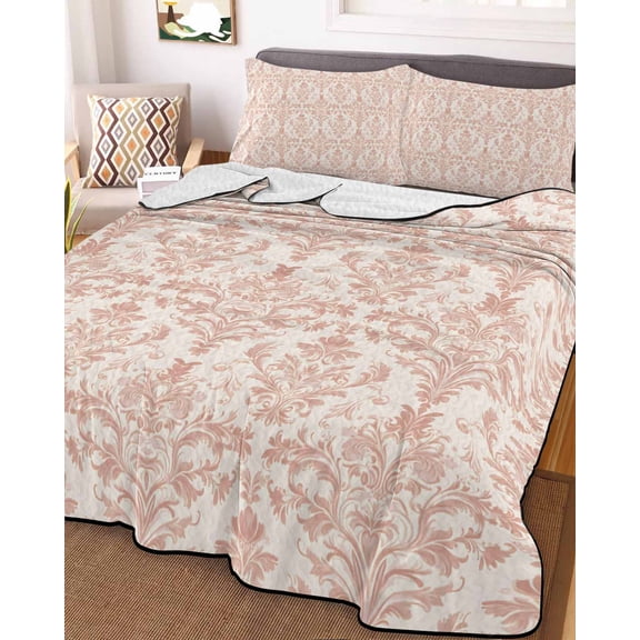 Pink Flowers Twin Size Down Alternative Comforter, Lightweight Comforter Quilt Bedding Set with Pillow Shams Baroque Scroll Floral Damask Pattern Art All Seasons Bed Comforter Duvet Insert 68"x86"