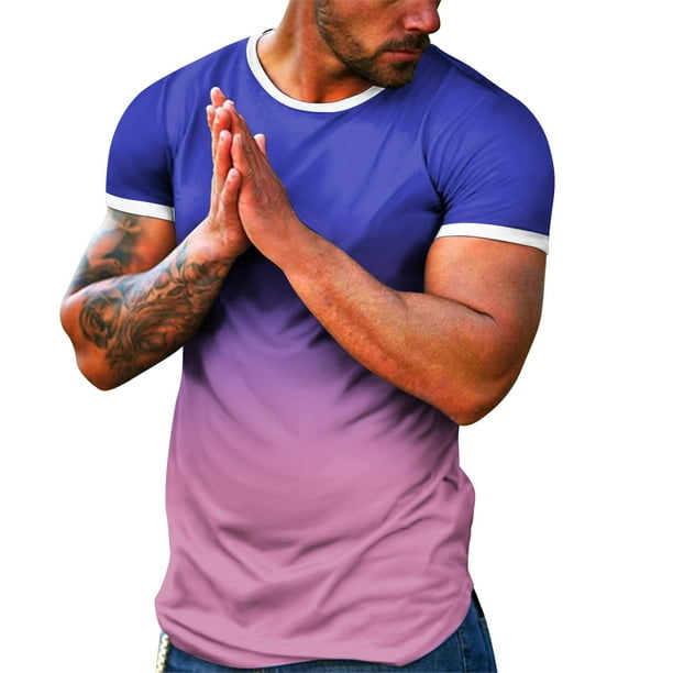 Mens Shirt Adult Male Mens Workout Shirts Mens Spring Summer Casual Sports  Colorblock Gradient Round Neck Pullover Short Sleeve T Clothes(Sky  Blue,3XL) 