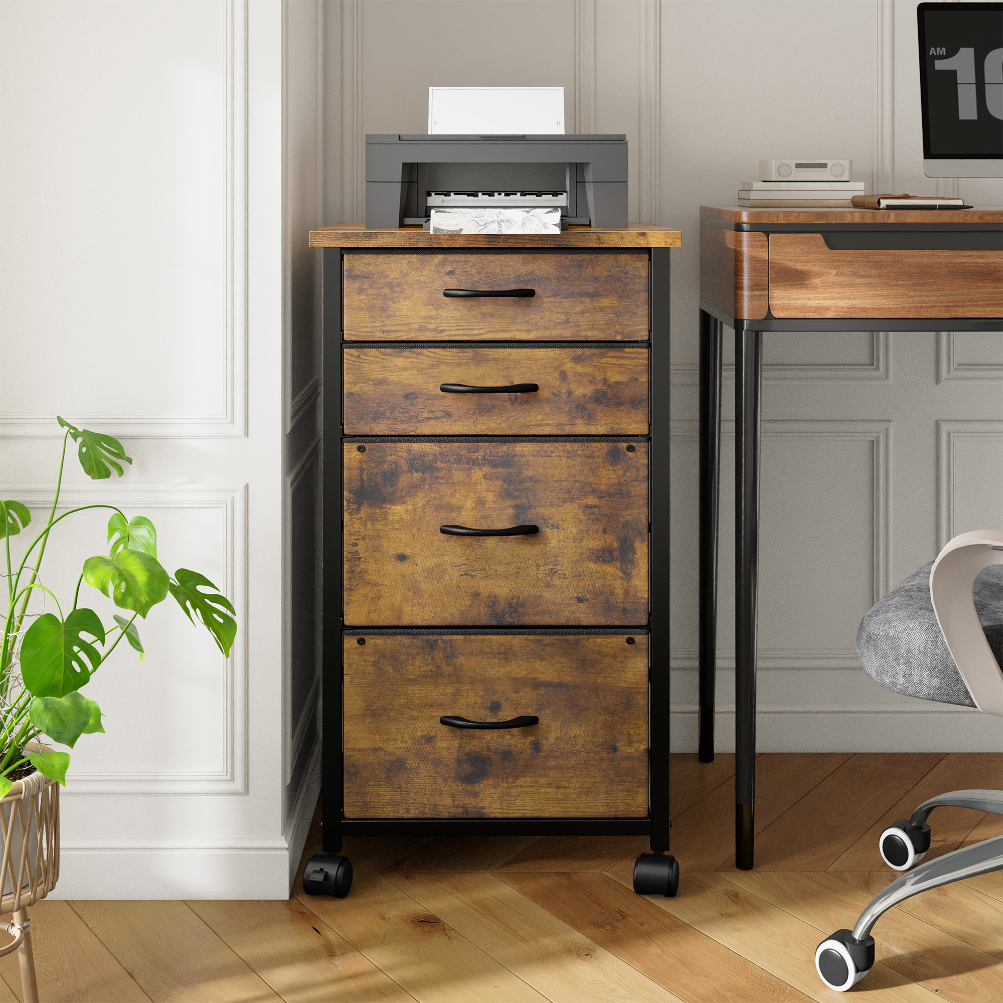 Romorgniz 4 Fabric Drawers Mobile File Cabinet Desk Table Cabinet Fits A4/Letter Size Printer Stand for Home Office，Rustic Brown
