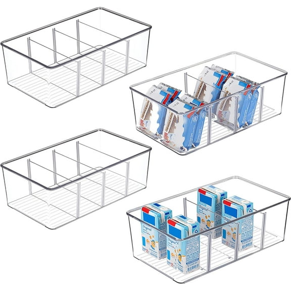 8 Pack Food Storage Organizer Bins, Clear Plastic Bins for Pantry, Kitchen, Fridge, Cabinet Organization and Storage, 4 Compartment Holder Packets, Snacks, Pouches, Spice Packets