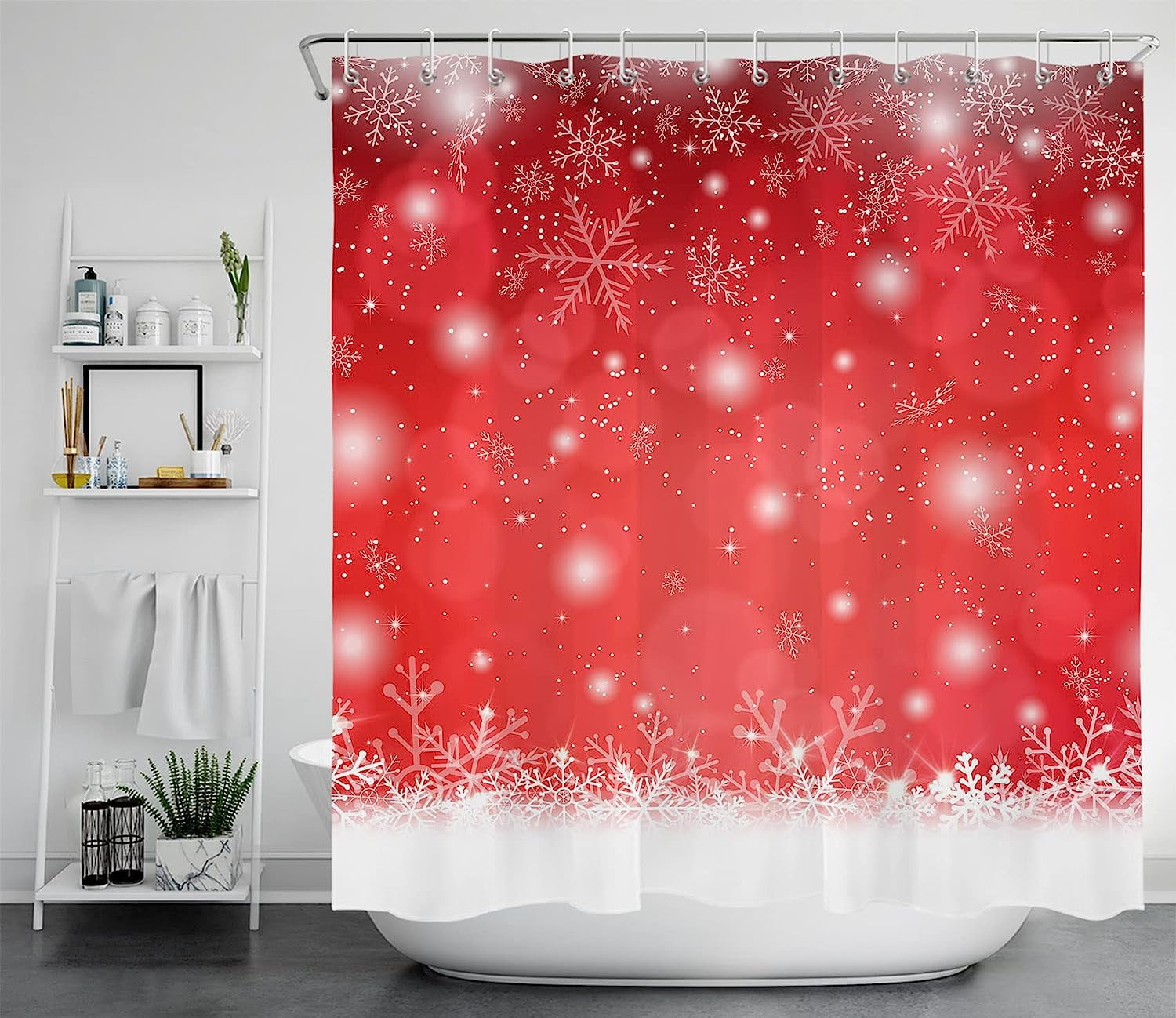 JOOCAR Christmas Snowflake Shower Curtain for Bathroom Winter Snow Red