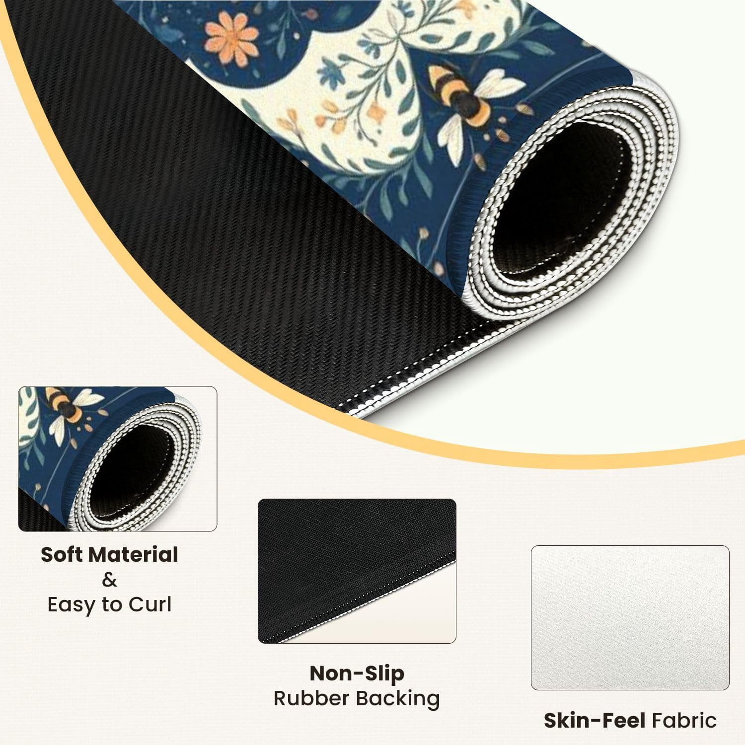 Mahjong Mat for Table Floral Bee Vintage Botanical Style Navy Blue Orange 31.5" x 31.5" Non-Slip Noise-Reducing Game Mat Premium Mahjong Accessories for Poker Dominoes Board Games