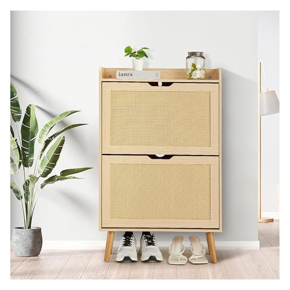 Shoe Cabinet - Shoe Storage with 2 Rattan -Drawer and Anti-Tip Design, Shoe Cabinet for Entryway, Foyer, Hallway, 12-15 Pairs Storage Organizer, MDF Frame