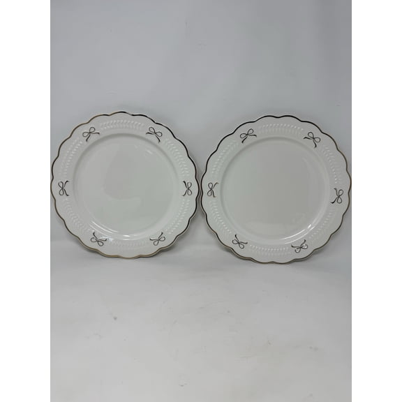 Yedi White with Gold Bow and Trim Dinner Plates - 10 in - Set of 2 Ceramic NEW