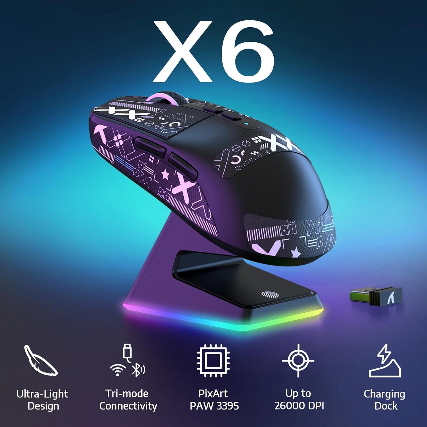 ATTACK SHARK X6 49g SUPERLIGHT Mouse with Magnetic Charging Dock, PixArt PAW3395 Gaming Sensor, BT/2.4G Wireless/Wired Gaming Mouse with Tape, 26000 DPI, X3 Upgrade Mice for Win11/Xbox/PS/Mac (Black)