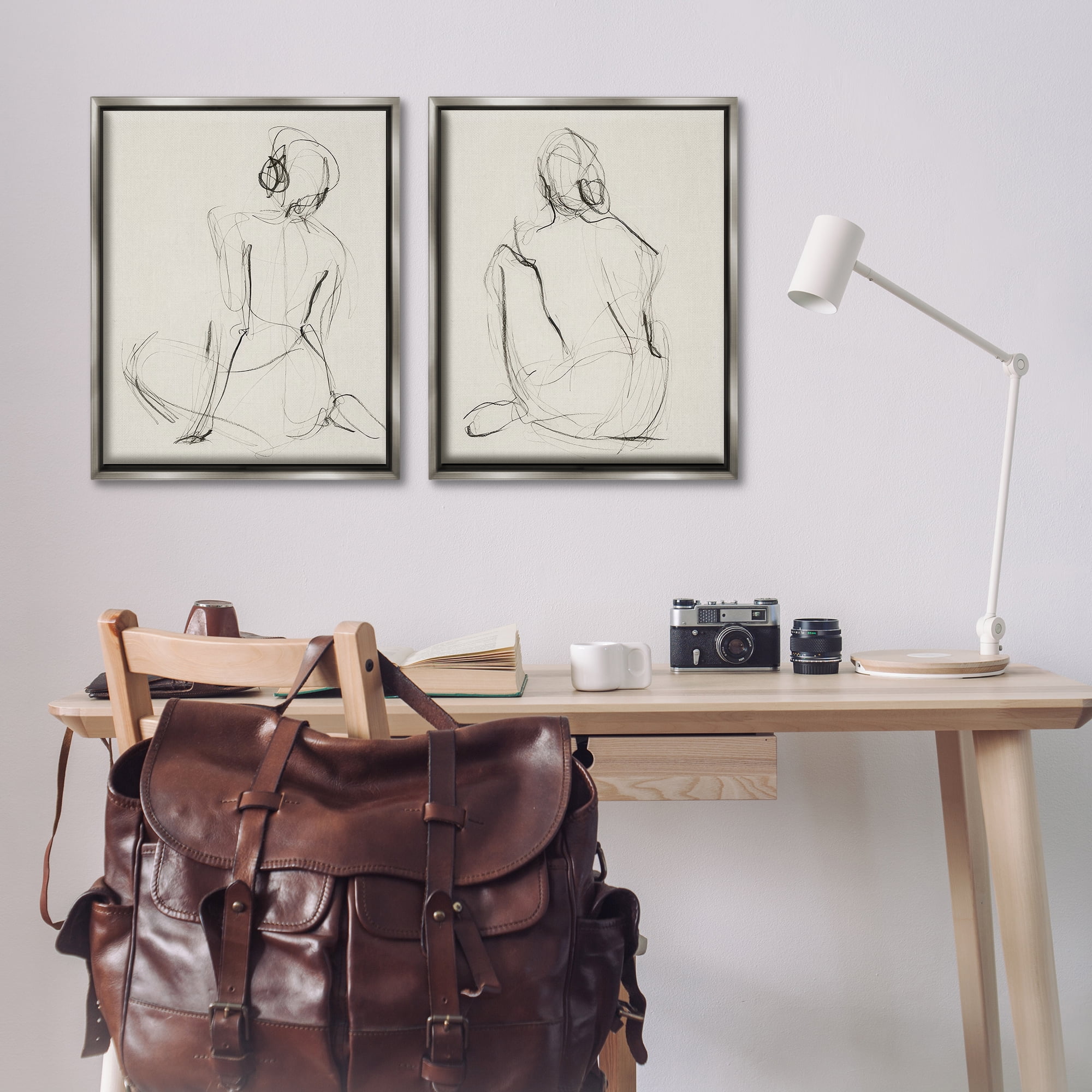 Stupell Industries Sitting Female Figure Drawing People Drawing Gray Floater Framed Canvas Art Print Wall Art, 31 x 25, Set of 2