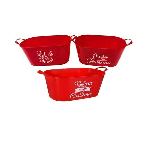 Let It Snow, Merry Christmas & Believe in the Magic of the Christmas Red Oval Buckets with Handles Set of 3 Holiday Plastic Gift Baskets, Storage Containers & Party Favor Buckets for Christmas Décor