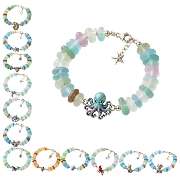 Sea Glass Blessing Bracelet for Women, Ocean Inspired Animal Charm Beaded Jewelry, Inspirational Friendship Bracelet Gift with Coastal Style Design for Daily Wear (Octopus)