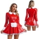 thumbnail image 3 of Uniforme de sirvienta traviesa para mujer, ropa para discoteca, vestido de Cosplay de sirvienta de charol brillante, adornos con volantes, delantal con lazo, vestido acampanado con mangas abullonadas, 3 of 5