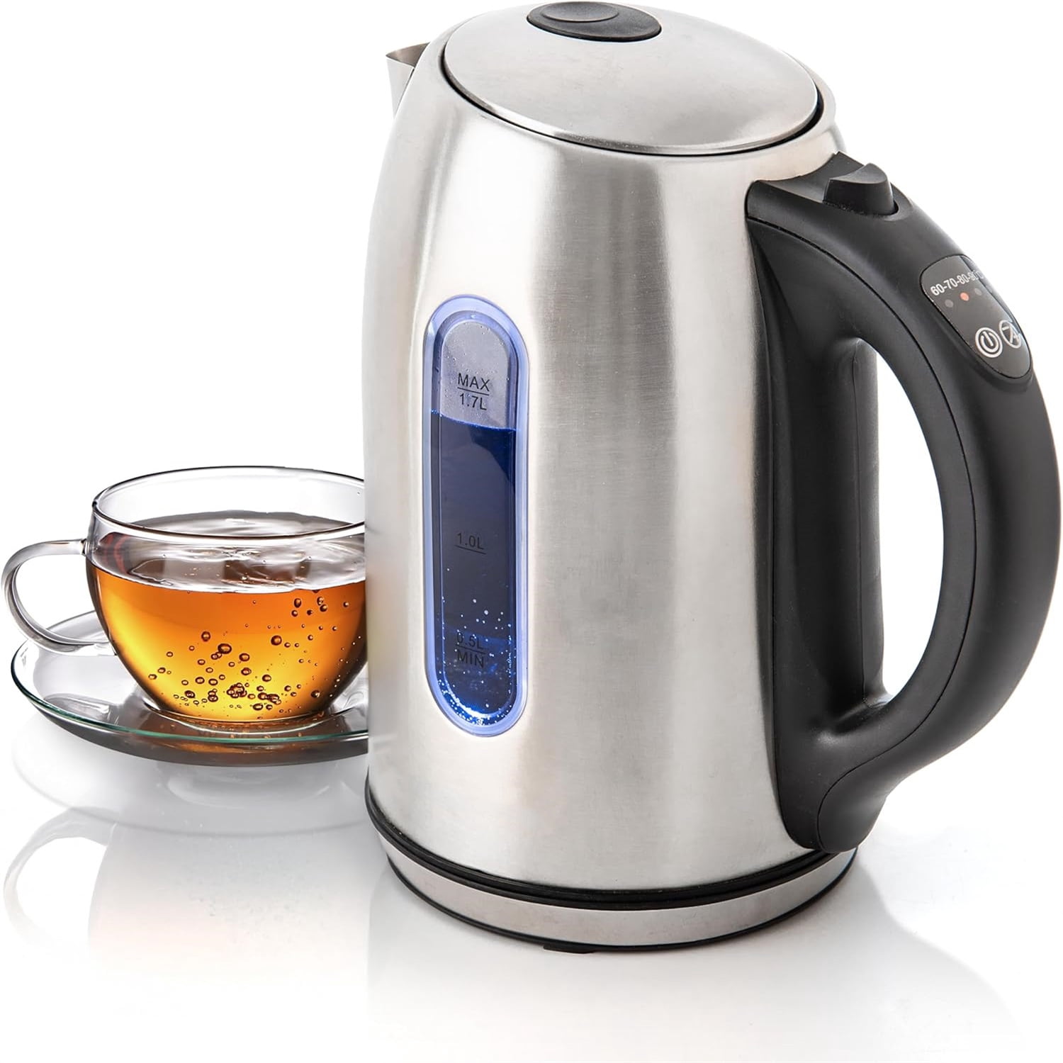 Electric Kettle, 1.7 Liter Stainless Steel Tea Kettle with Blue LED Light, Fast Heating Countertop Tea Maker Hot Water Boiler with Auto Shut-Off & Boil Dry Protection, Black
