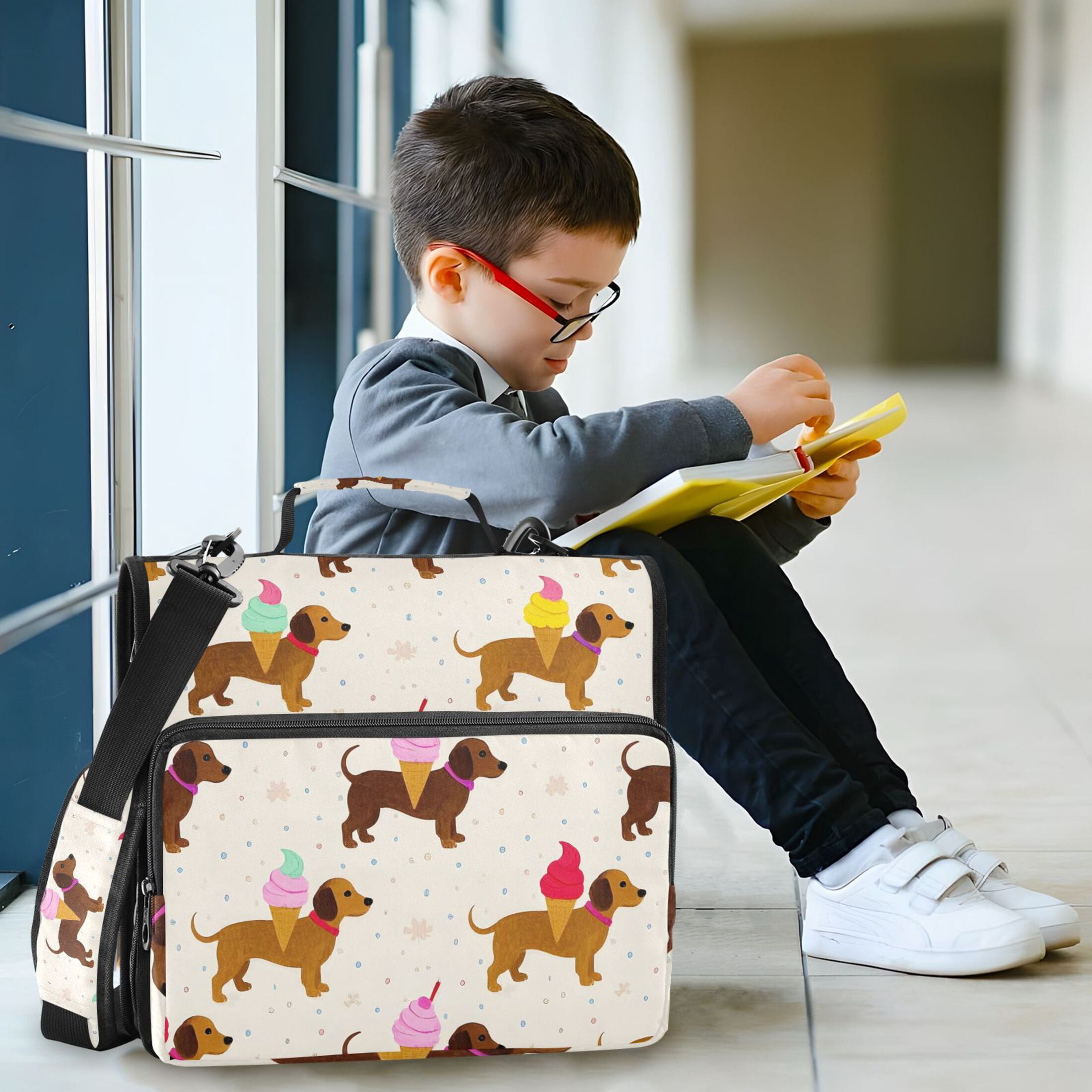 3 Ring Zipper Binder with Shoulder Strap Waterproof Trapper Keeper 2 Inch D-Ring 500 Sheets Capacity Dachshund with Ice Cream